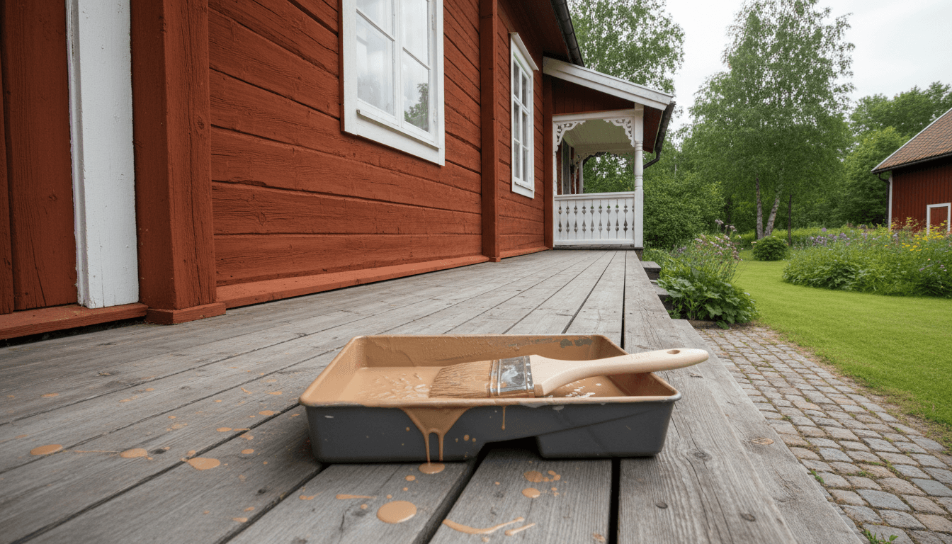 Freshly painted house exterior facade with paintbrush and tray