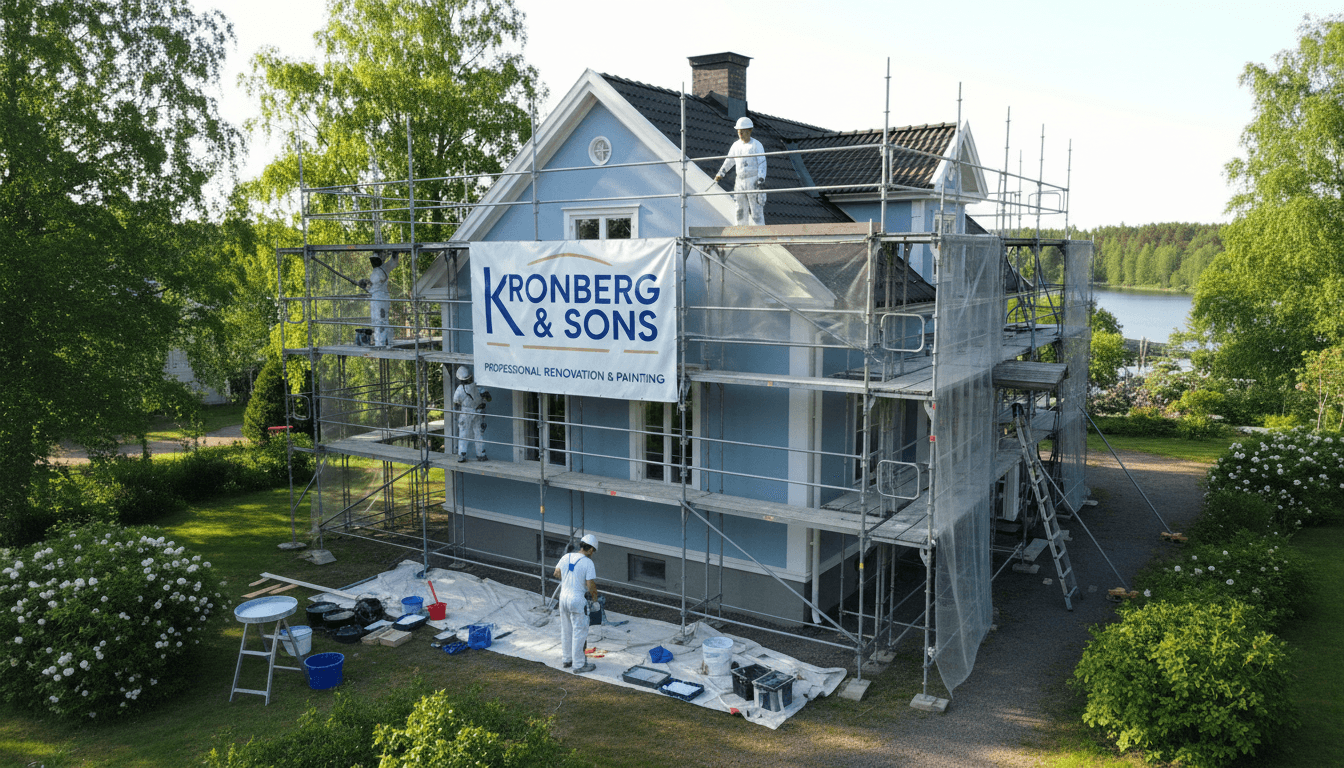 Exterior of a property with scaffolding and painting equipment
