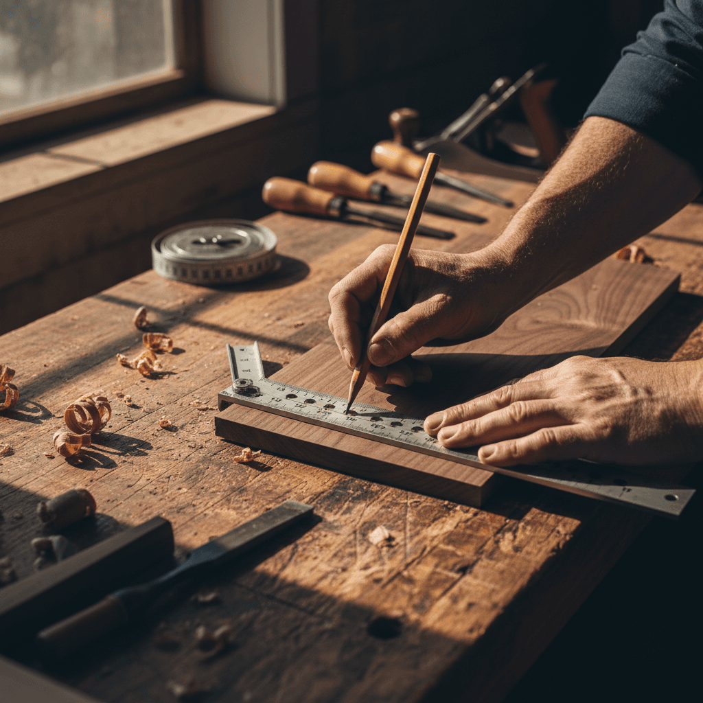 A close-up of a contractor's hands holding tools on a wooden workbench, showing wear and authenticity.